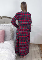 women's long red plaid flannel nightgown with embroidery APRIL CORNELL