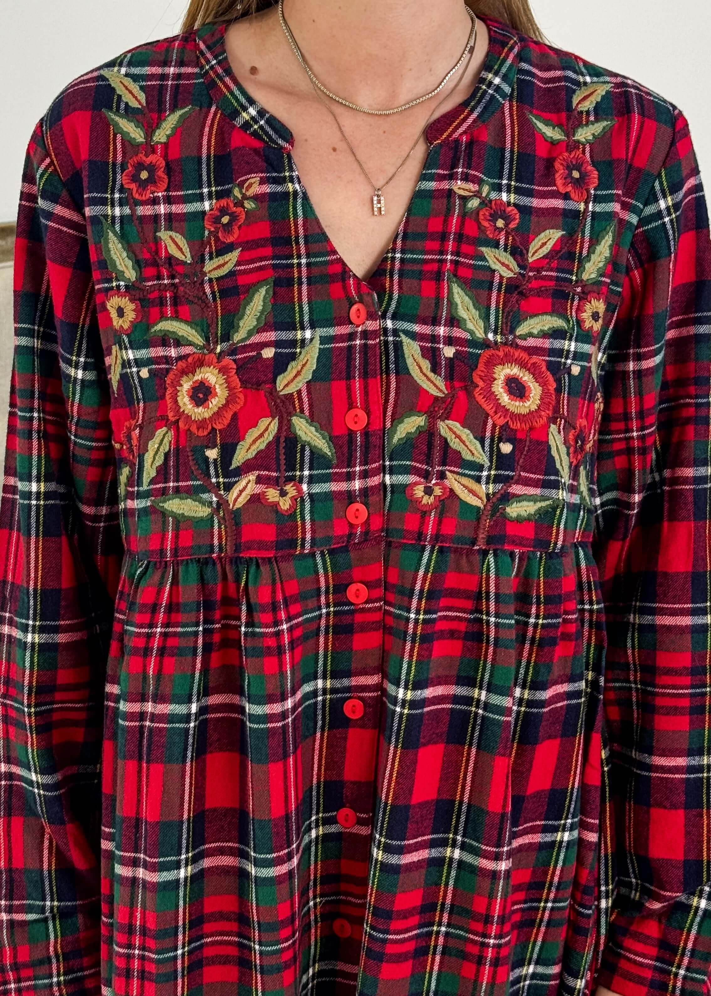 women's long red plaid flannel nightgown with embroidery APRIL CORNELL