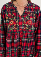 women's long red plaid flannel nightgown with embroidery APRIL CORNELL