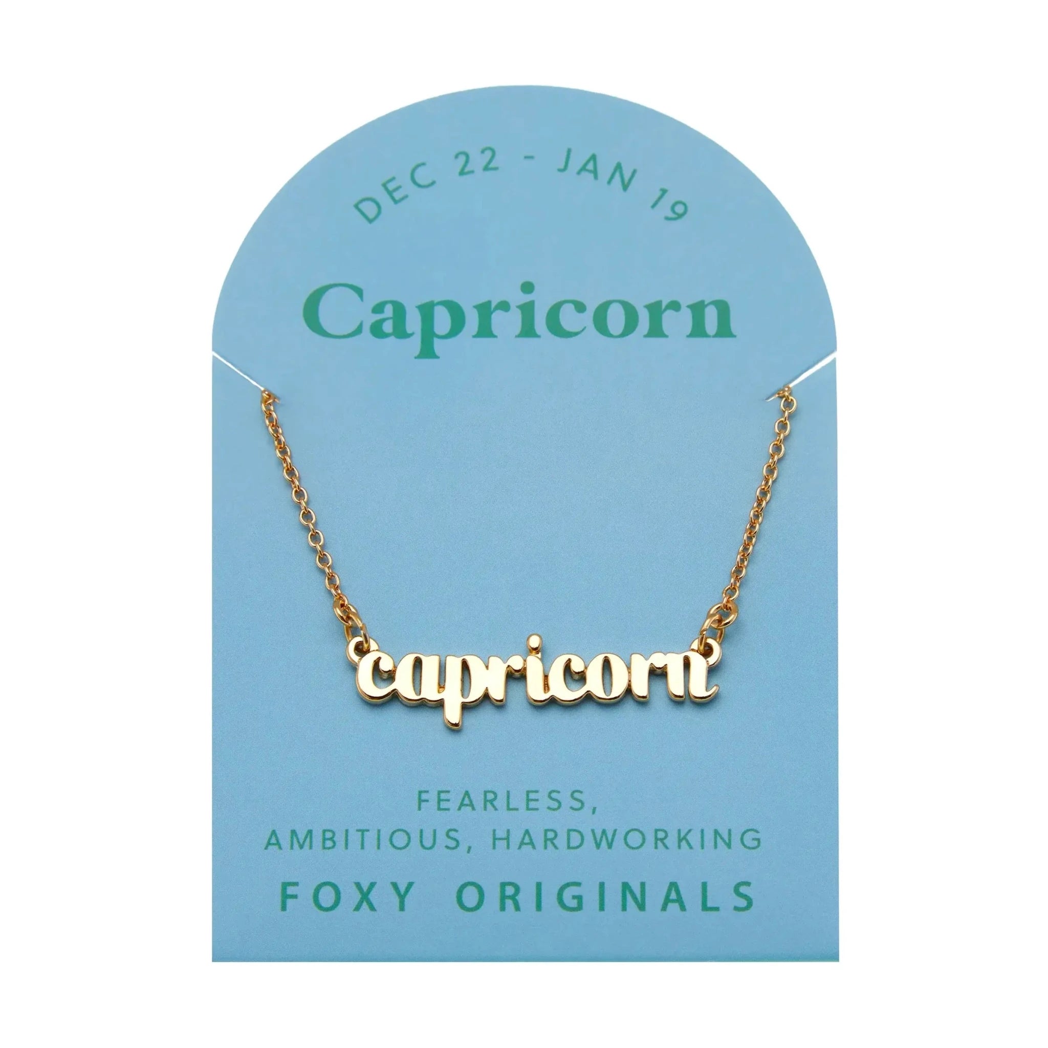 Zodiac Script Necklace in 14K Plated Gold featuring Capricorn charm with gold finish and blue background, perfect for astrology lovers.