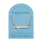 Zodiac Script Necklace in 14K Plated Gold featuring Capricorn charm with gold finish and blue background, perfect for astrology lovers.