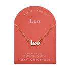 Zodiac Script Necklace in 14K Plated Gold featuring the Leo astrological sign on a stylish card.
