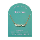 Zodiac Script Necklace in 14K Plated Gold featuring Taurus astrological sign on packaging for astrology lovers.