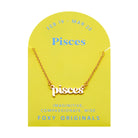 Zodiac Script Necklace in 14K Plated Gold featuring the Pisces astrological sign on a bright yellow display card.