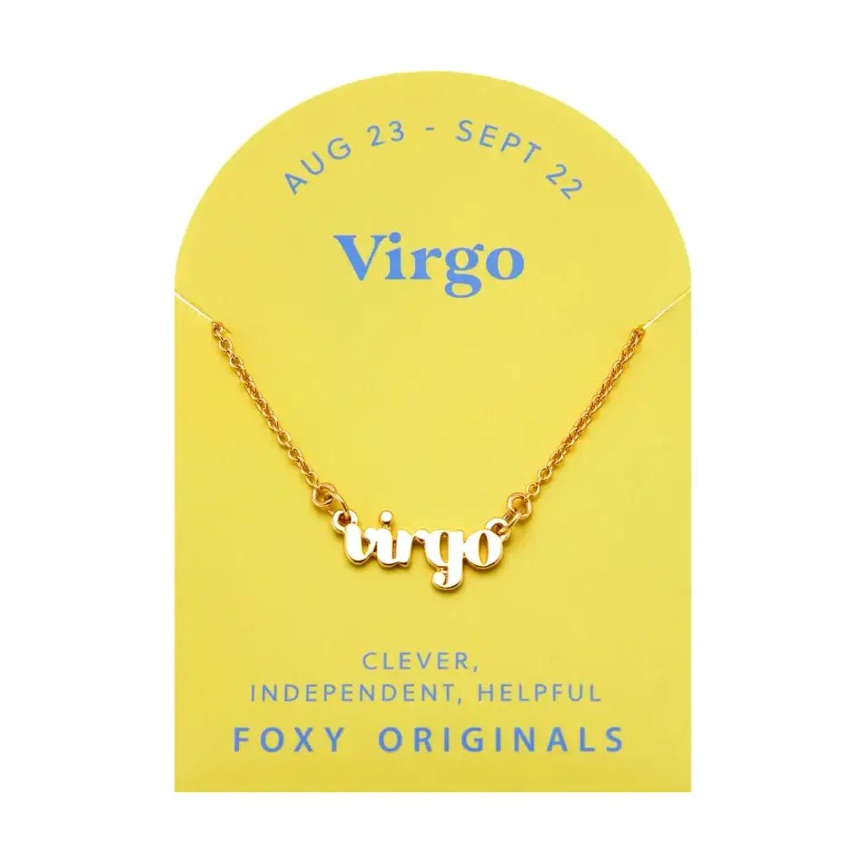 Zodiac Script Necklace in 14K Plated Gold featuring the Virgo astrological sign in elegant script on a yellow background.