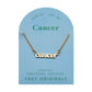 Zodiac Script Necklace in 14K Plated Gold featuring the word 'Cancer' on a blue background for astrology lovers.